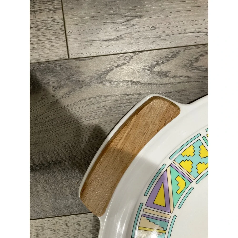 Oneida Serving Tray Round Southwestern Geometric Pastel Wood Handles vintage
